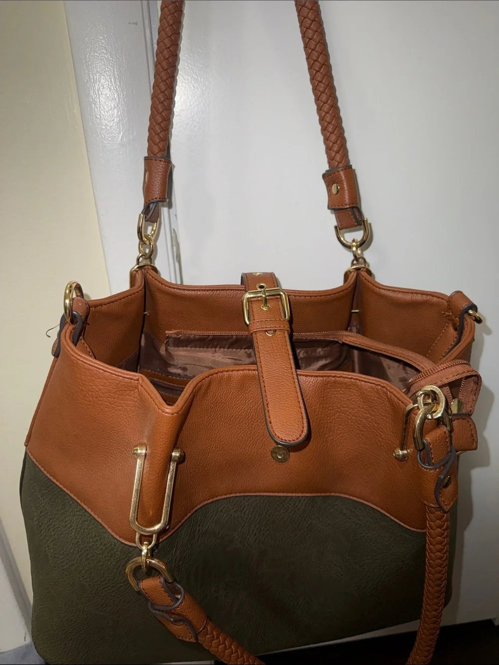 Two-Tone Shoulder Tote Bag in Brown and Olive